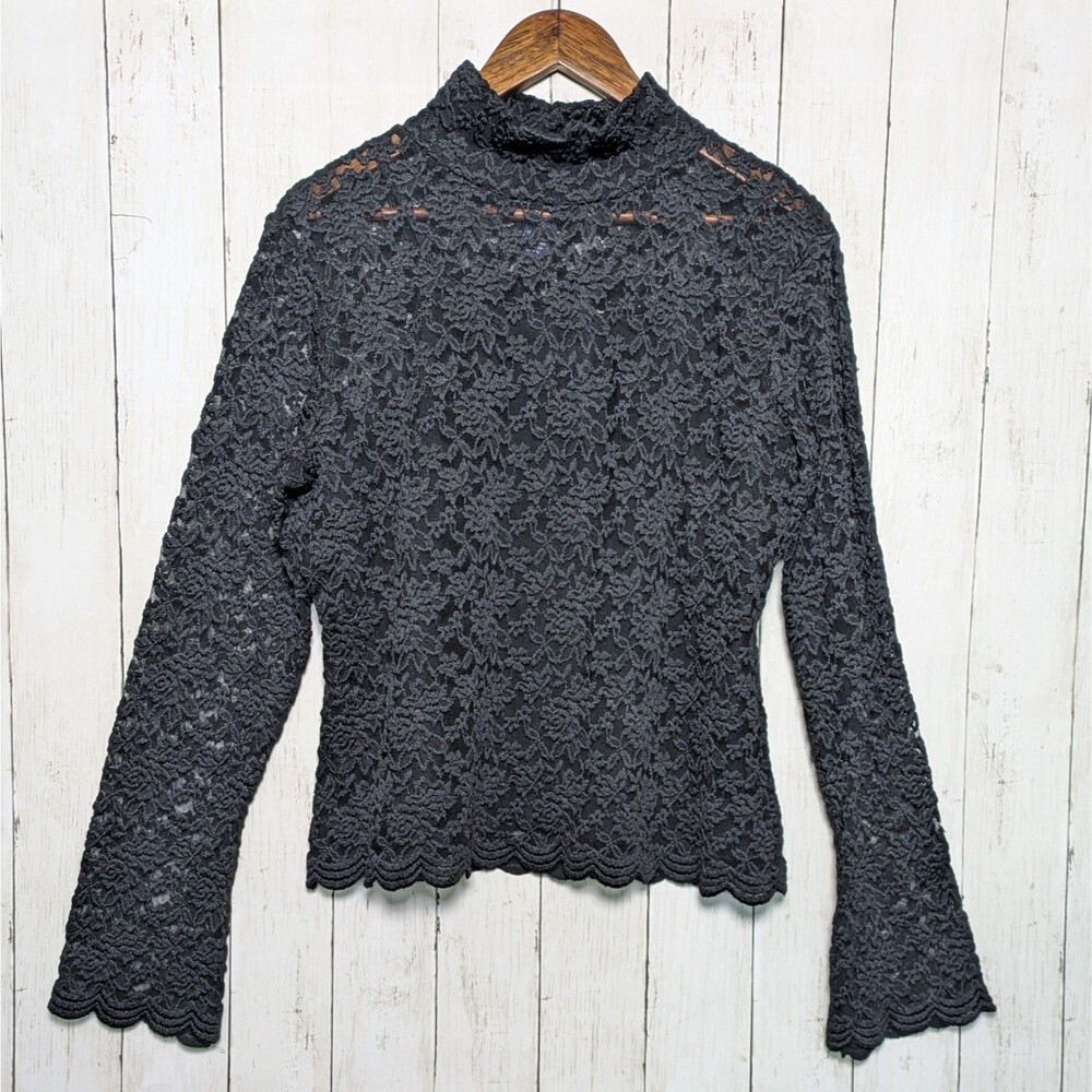 Black Lace Mock Neck Top 2PC Set XL Whimsigoth Dark Academia Witchy Bell Sleeve